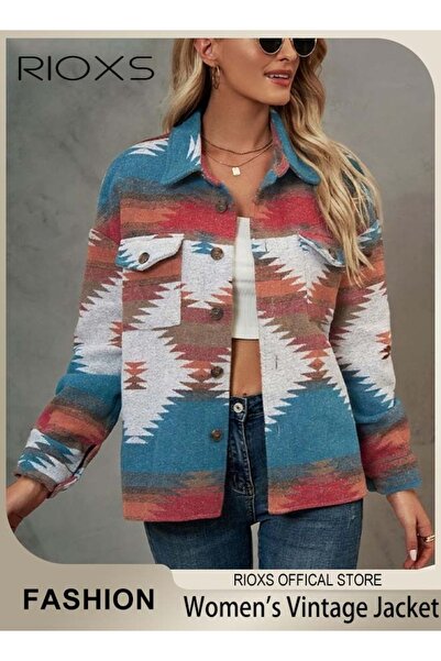 RIOXS Women's Geometric Print Pattern Tweed Jacket, Loose Fit Button Down Lon...