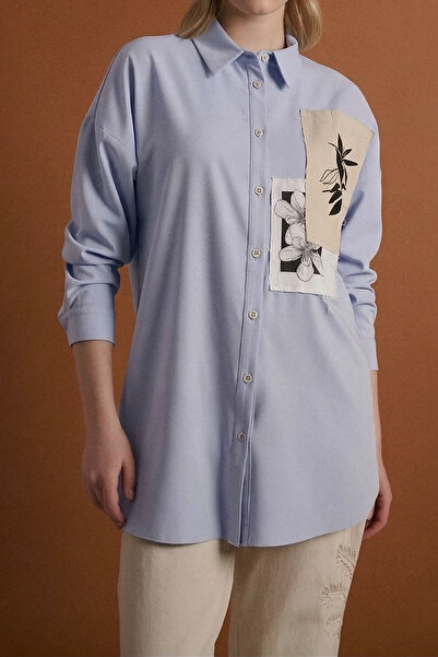 Kayra Women's Print Detailed Shirt Collar Tunic - Blue