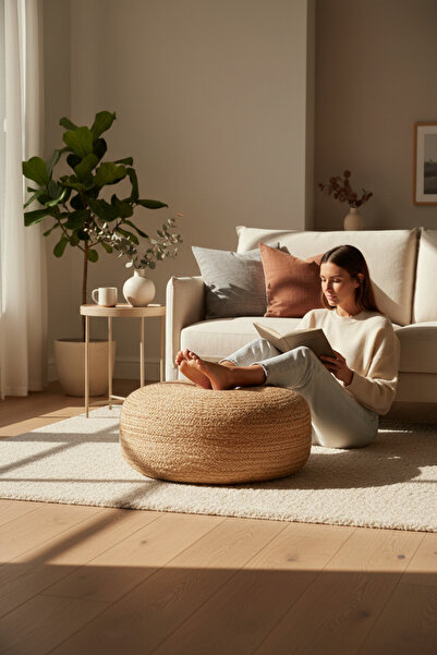 Akayev Nature Hasır Jüt Büyük Yuvarlak Yassı Puf 60x20 cm