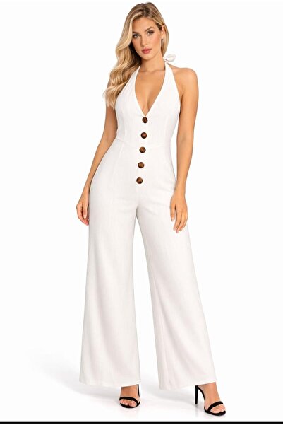CHEVALIER FASHION Women's Elegant Halter Neck Wide-Leg Jumpsuit with Button F...