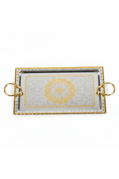 WINDCERA Premium Rectangular Silver & Gold Stainless Steel Serving Tray with ...
