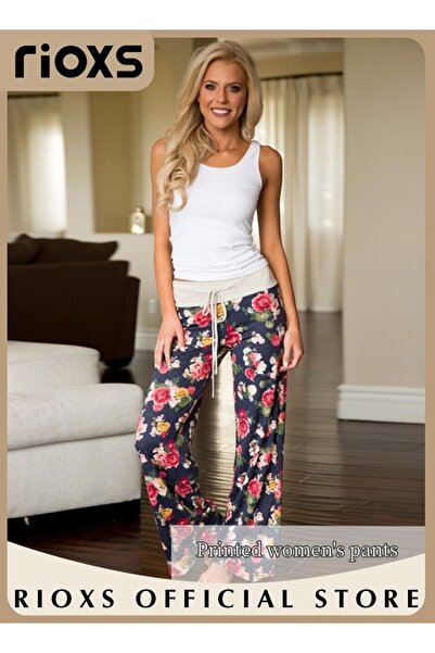 RIOXS Women's Casual Pants Stretch Floral Print Drawstring Trousers High Wais...