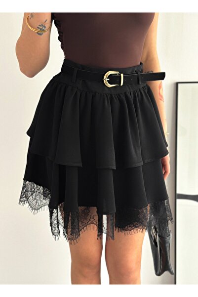 Gugus Women's Mini Length Tü Tulle a Lace Waisted Skirt with Belt Volants