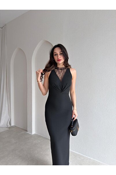 Mooi Butik Ephron Lace Detailed Midi Dress 7483 - Black