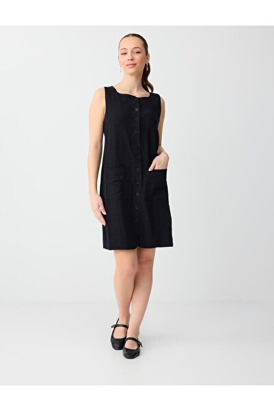 Jimmy Key Μαύρο Μίνι Φόρεμα με Τετράγωνο Γιακά από Λινό Μείγμα
