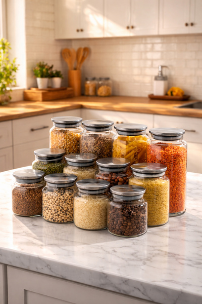 Porsima Bormio Metal Lid 12 Glass Jar Set Vacuum Lid Storage Organizing Conta...