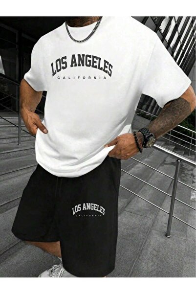 kahire طقم لوس أنجلاس أبيض-أسود B مطبوع فاخر كبير الحجم