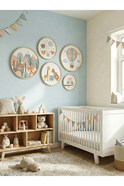 huhuli Set of 5 Wooden Birch Framed Round Baby Room Children's Room Mdf Painting
