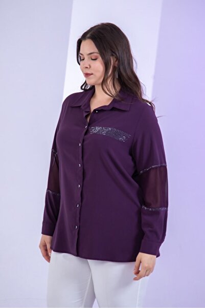 Roxxlen Plus Size Women's Stone Detailed Shirt Plum