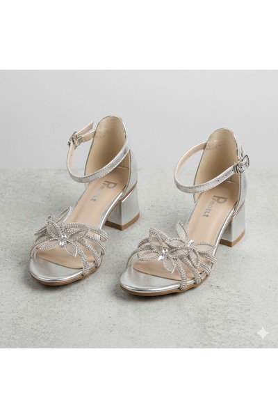 KİNDEP (Pampili) Block Heel Lu Children's Evening Dress Shoes Silver