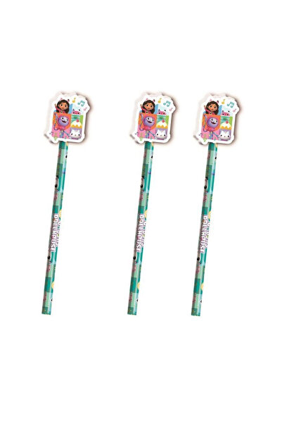 Gabby's Dollhouse Set of 3 HB pencils with eraser, model, Green