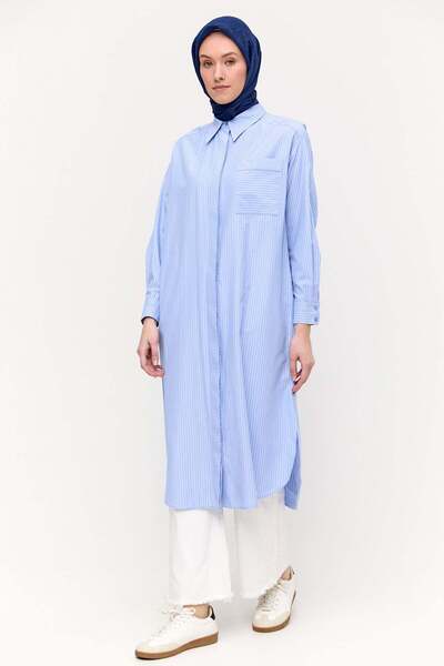 Setrms Sırtı Nakışlı Çizgili Pamuk Tunik