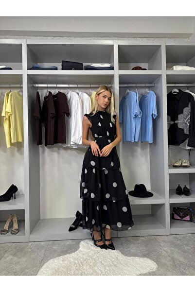 FLOWERİNG Women's Black Polka Dot Piece Ruffle Maxi Dress