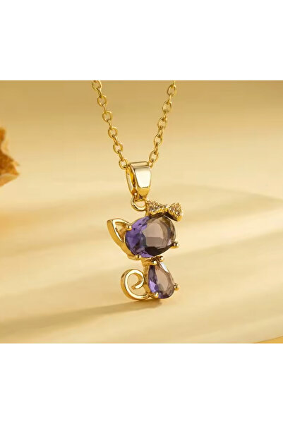 Alsem 14 Ayar Gold Kaplama Mor ve Pembe Taşlı Kedi Figürlü Kolye , Fiyonklu K...