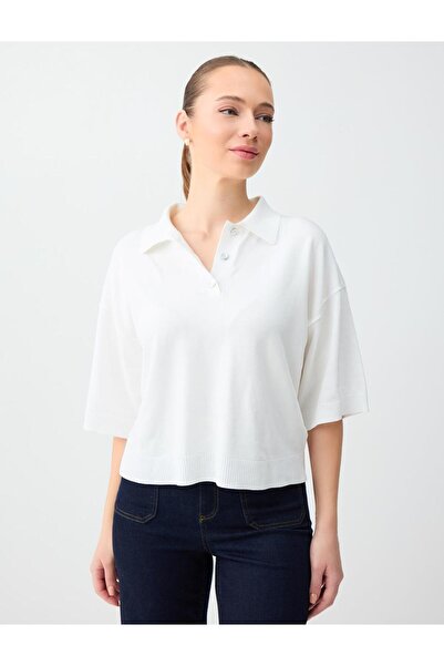Jimmy Key White Relaxed Fit Polo Collar Elbow Sleeve Knitwear Blouse