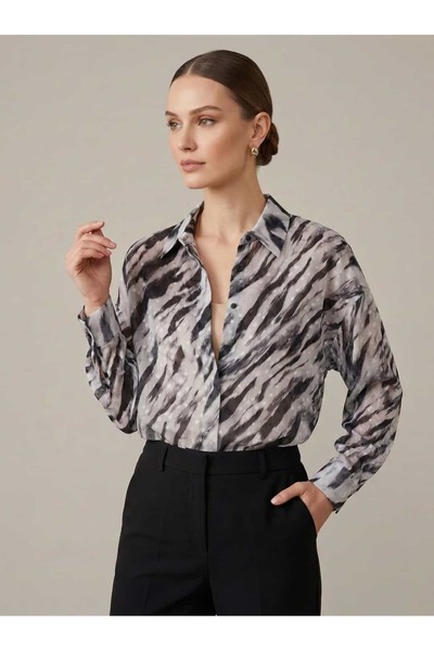 CRYSTALİA  Puantiye Detaylı Zebra Desenli Oversize Şık Gömlek / Tunik