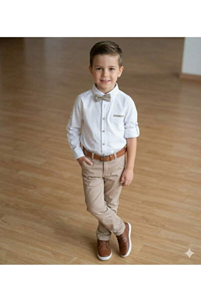 Terry طقم قميص للأولاد باللون البيج مع ربطة عنق مكون من حزام قطع