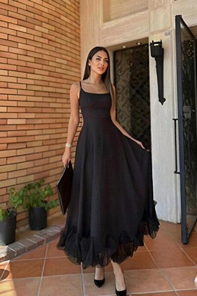 ALFUDO Moda Collection Kadın Tül Detaylı Askılı Midi Boy Abiye Mezuniyet Elbi...