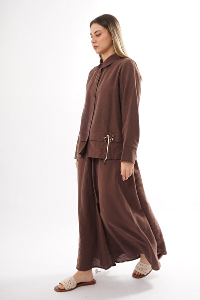 Ceremony Front Zippered Aller Detail Linen Fabric Skirt Suit 905 Brown