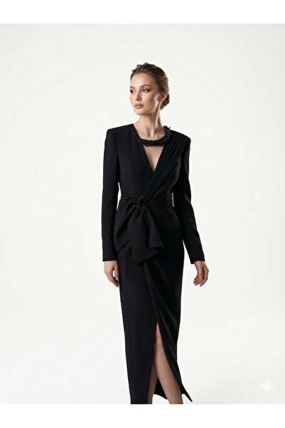 centilmen Alfabeta Accessory Detail V-Neck Evening Dress 6344