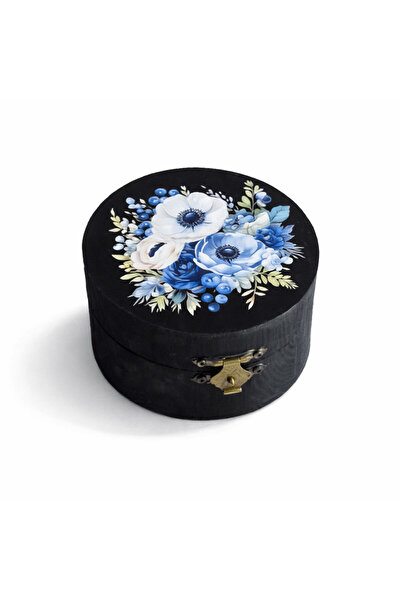 CrisArtDeco Cutie rotundă din lemn cu flori albastre