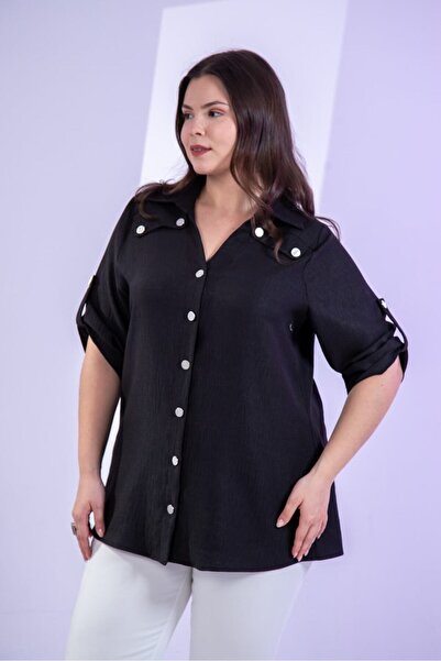 Roxxlen Plus Size Women's V-Neck Buttoned Shirt