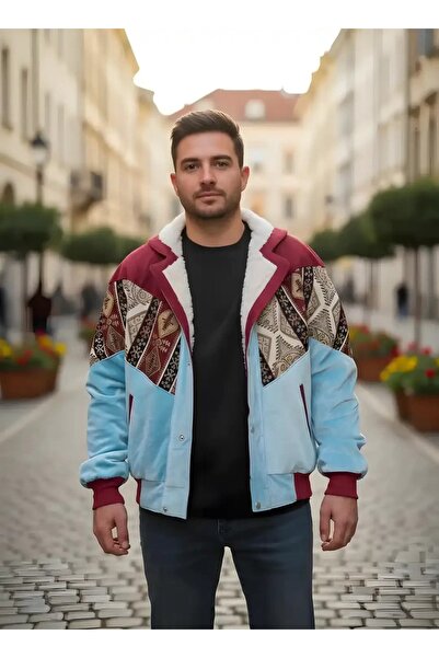 CANMODA (7772) Recien Unisex Fur-Trimmed Yaka Vintage Aztek Jacket Oversized ...