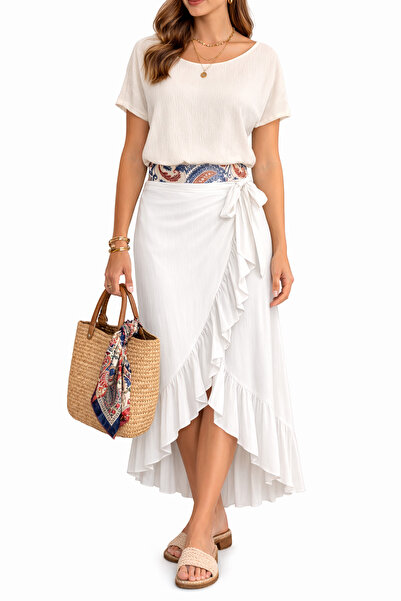 Yena Tekstil تنورة نسائية بيج لفّ مكشكش تنورة ميدي صيفية أنيقة