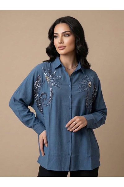 CRYSTALİA Kot Mavisi Çiçek Motifli Payetli Şık Ofis Gömleği / Büyük Beden Uyu...