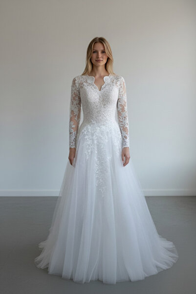 GÖKŞİN MODA Uzun Kollu Gipür İşlemeli Gelinlik