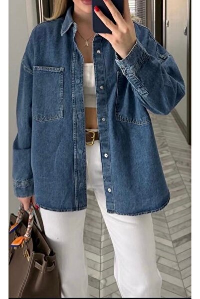 Butik Filiz Oversize Çift Cepli Denim Kot Gömlek – Günlük Rahat Kesim Jean Gö...
