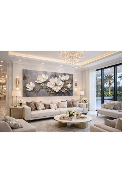 My canvas Premium Seri Beyaz Manolya Çiçekli Soyut Dokulu Lüks Görünümlü Mode...
