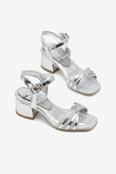 Tonny Black Girl's Silver PU Sole Stone Detailed Jewelry Heeled Shoes