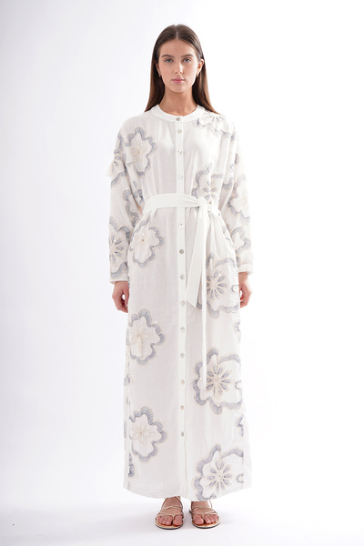 Ceremony Button-Front Floral Sequined Linen Lined Dress 845 Ecru