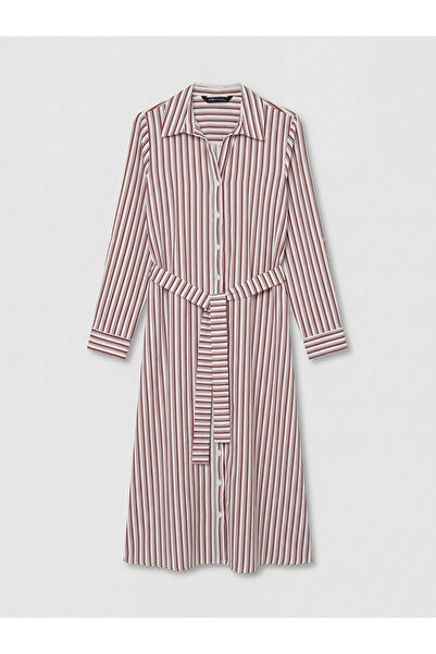 LC Waikiki LCWAIKIKI Κλασικό Κόκκινο Φόρεμα Πουκάμισο με Ρίγες και Ζώνη στη Μέση