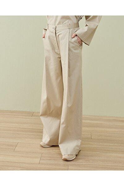 Aybikestil Paper Gabardin Tek Pileli Wide Leg Pantolon Bej