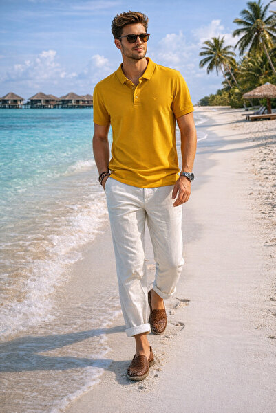 Maccali Men's Trend Summer Basic Mustard Polo Collar T-Shirt