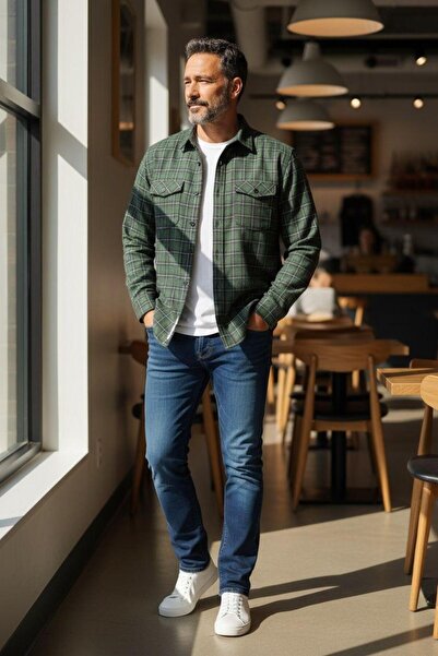 GÖMLEK GALERİSİ Classic Wide Cut Plaid Double Pocket Long Sleeve Men's Shirt