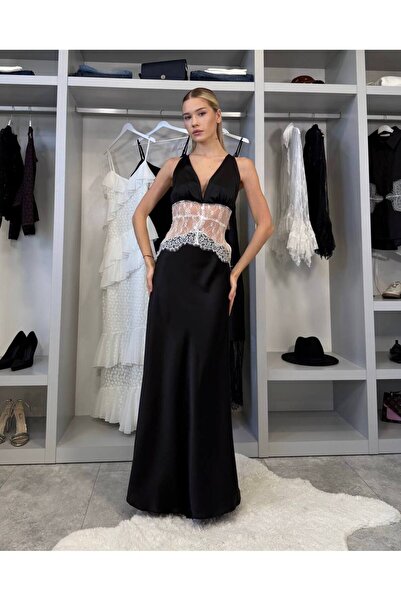 FLOWERİNG Women's Black Lace Piece Neck Tie-Detail Maxi Dress