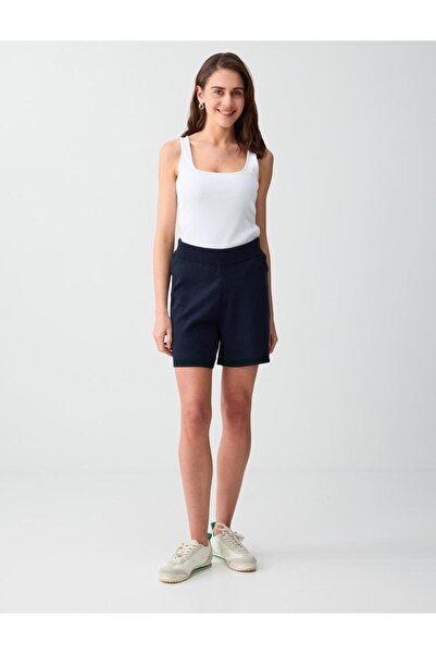 Jimmy Key Lacivert Düz Kesim Yüksek Bel Normal Paça Triko Şort
