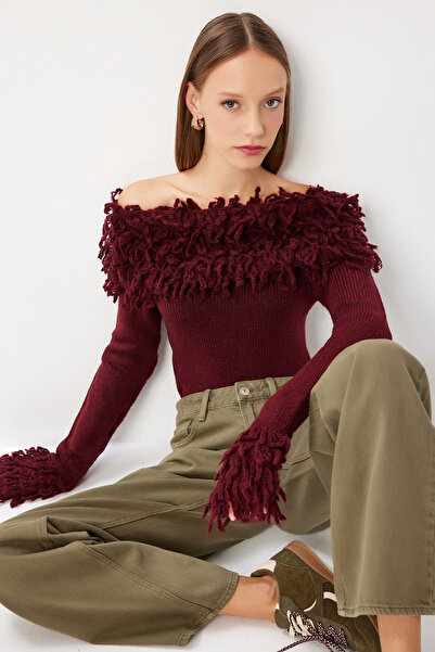 Lovelyİstanbul Carmen Yaka Fringed Knitwear Sweater Lmt0033 Claret Red