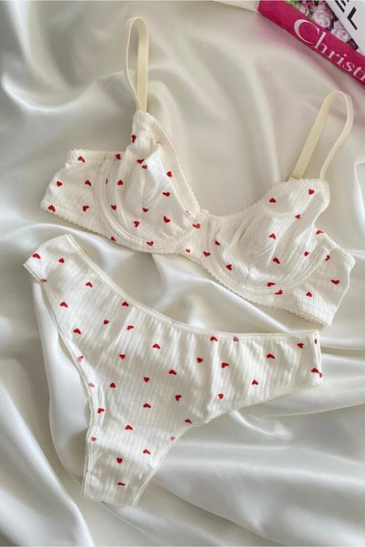 Lorinyo Red Heart Cotton Underwire Combed Cotton Bra Set