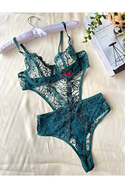 HAMA LOVE Kadın Yeşil Dantelli Bodysuit İç Çamaşır Takımı