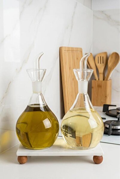 Atbyhome Mermer Standlı Ahşap Ayaklı 2'li Cam Yağlık Sirkelik Seti 900 ml