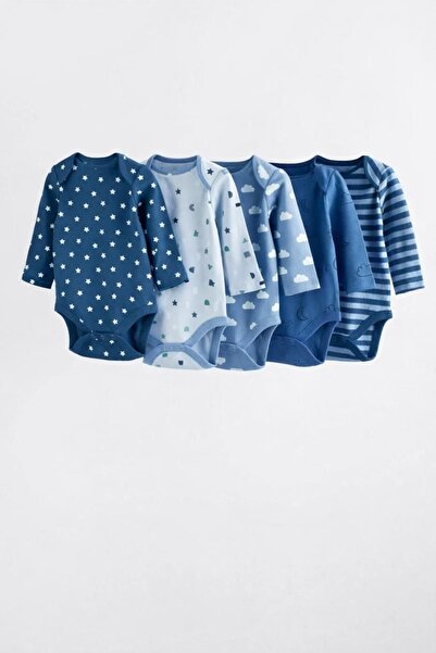 Next Baby Set of Cotton Blue Navy Blue Printed Long Sleeve Bodysuits