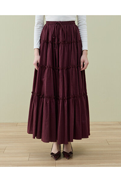 Aybikestil Crash Dört Katlı Fırfırlı Büzgülü Etek Bordo