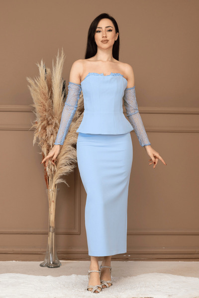 BEYBOS Atlas Fabric Lace Detailed Strapless Elibse - Baby Blue