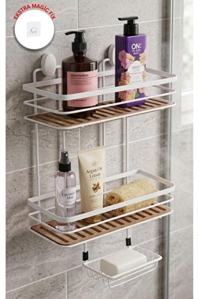 Okyanus Home Suport pentru șampon maxi dreptunghiular, din lemn alb, cu 2 fun...