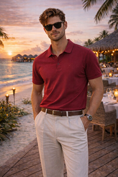 Maccali Men's Trend Summer Basic Red Polo Neck T-Shirt