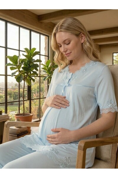 Lohussa New Season Blue Summer Button Detailed Stylish Lace Piece Short Sleev...